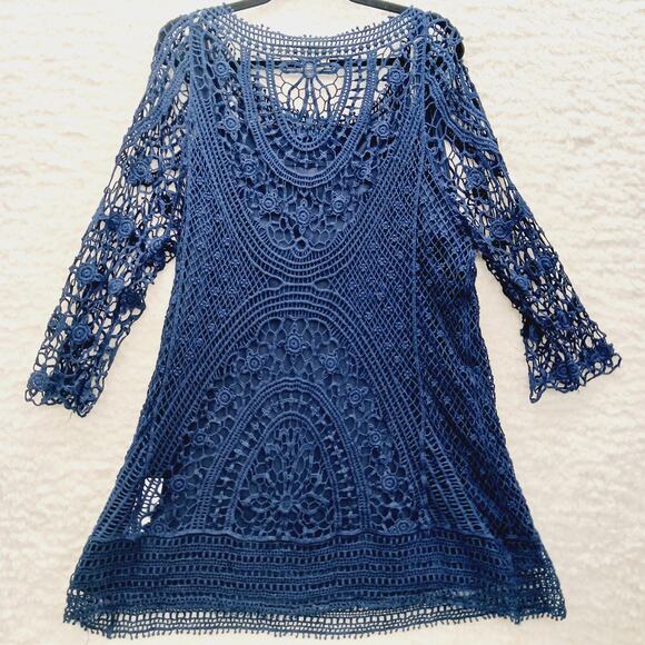 Tunic Top Size 3X Crochet Navy Unconventional Lace Lagenlook Luxury Old Money - Picture 2 of 14